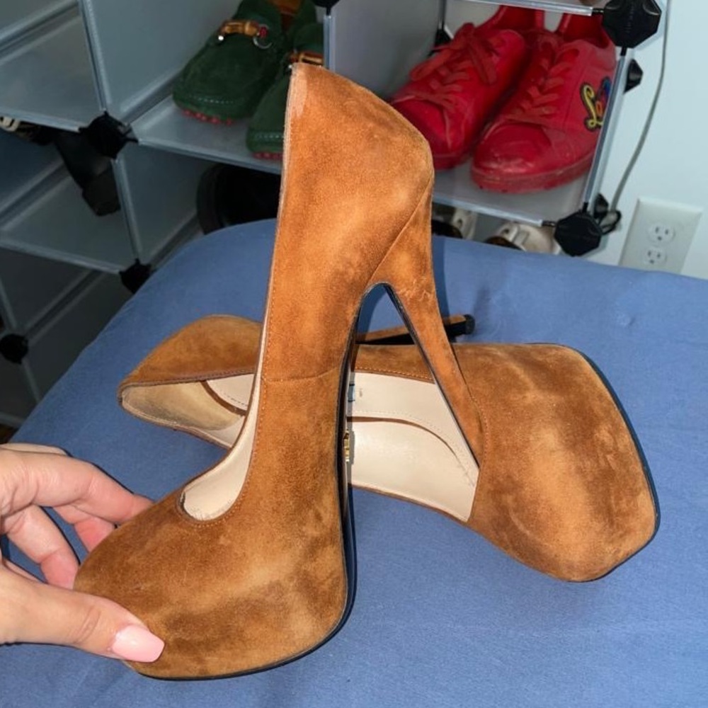 PRADE suede camel color heels excellent condition worn once